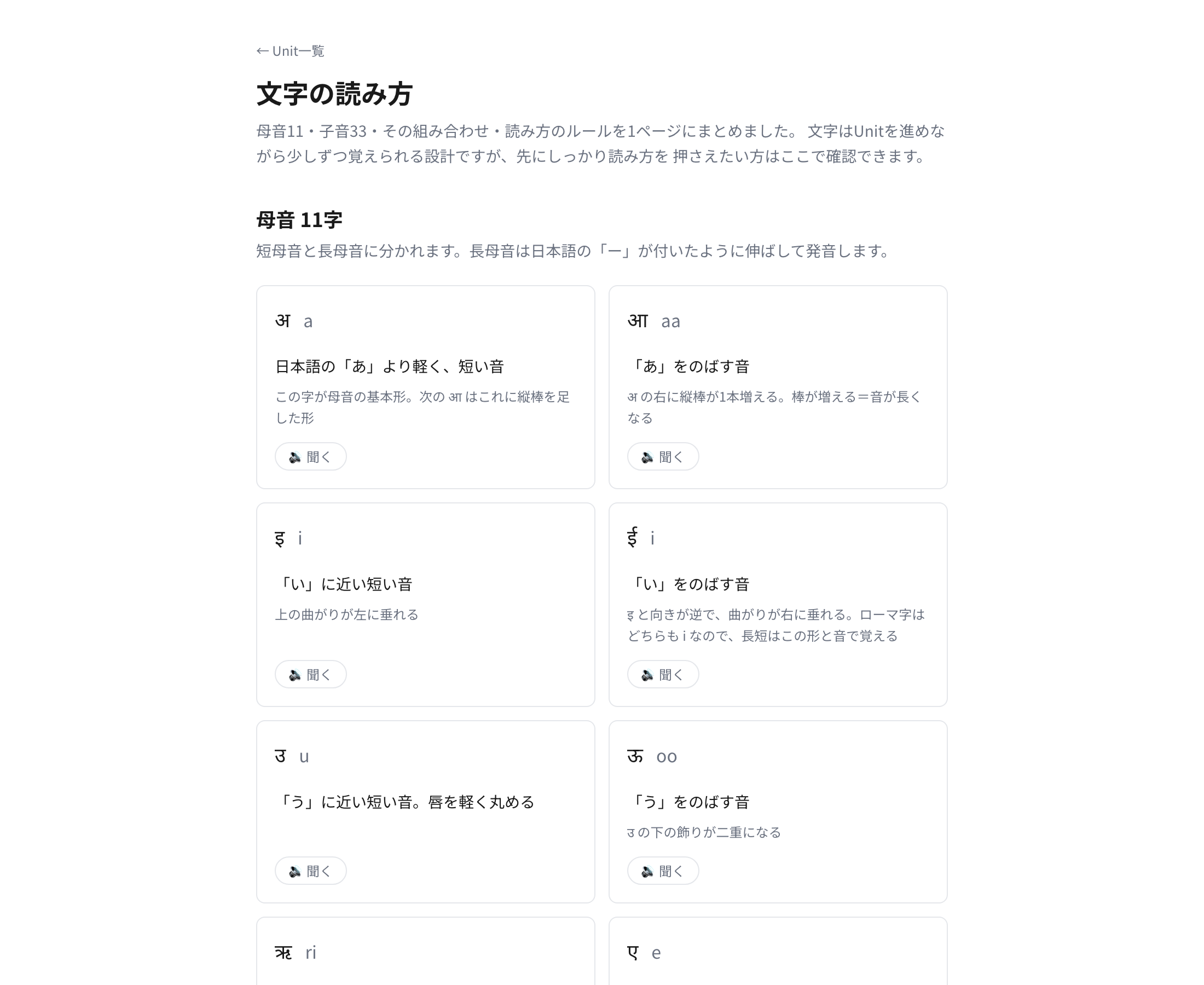文字の読み方のページ。デーヴァナーガリー文字とローマ字、聞くボタンが並ぶ