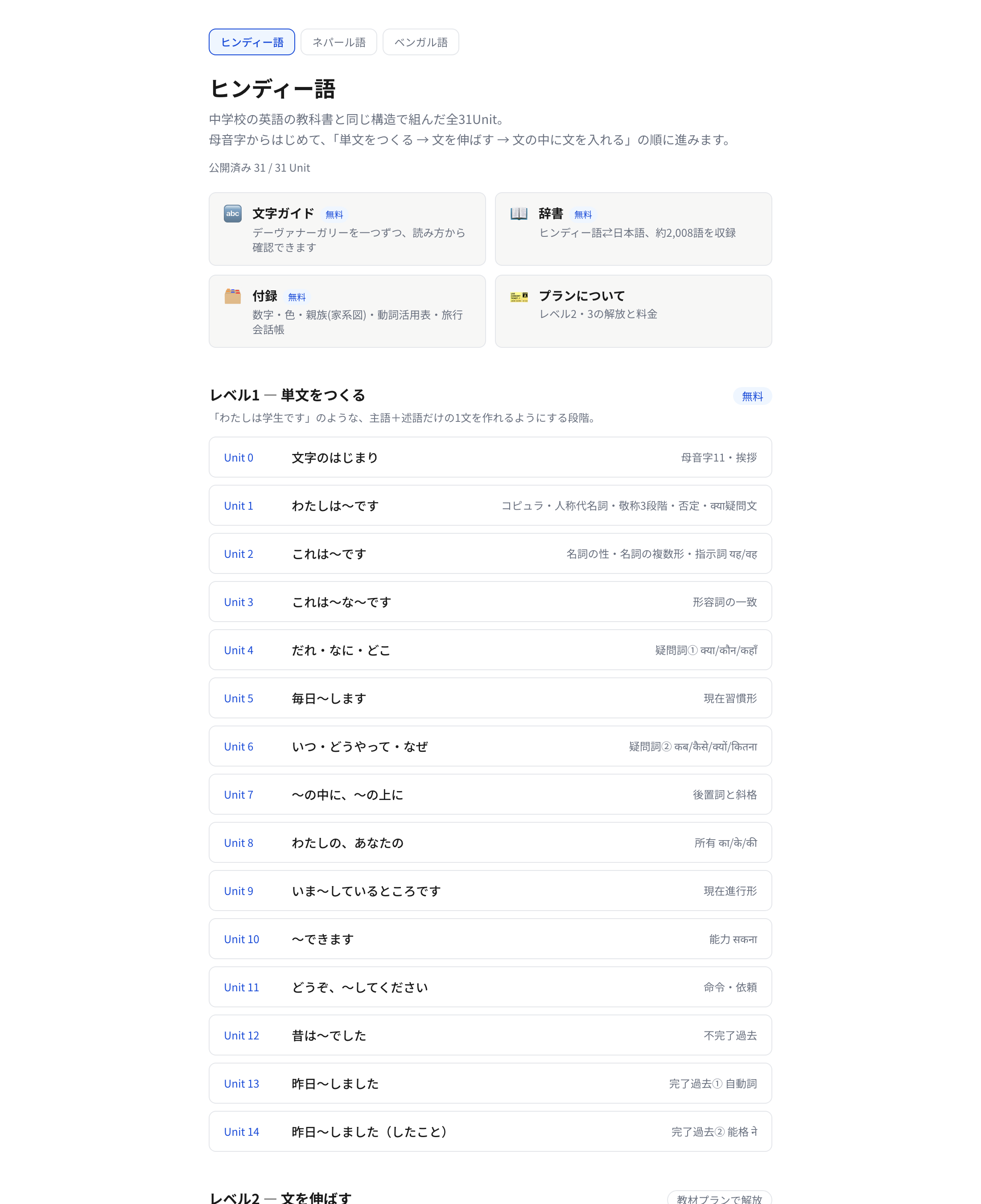 MIRAI Lang のUnit一覧。レベル1からレベル3まで全31Unitが並んでいる